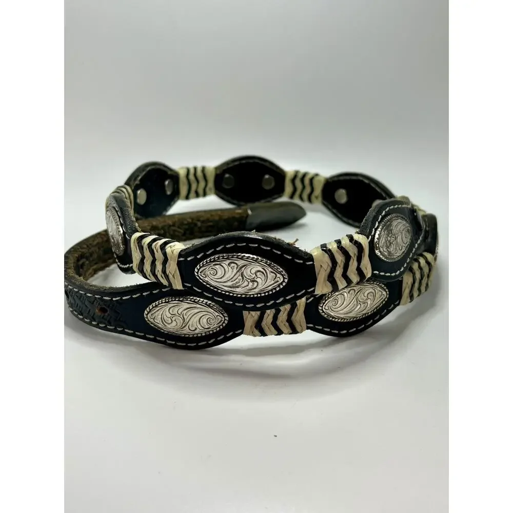 NOCONA 34” Concho Belt Silver 14K Gold Fill on Hand Tooled Leather Belt VTG READ